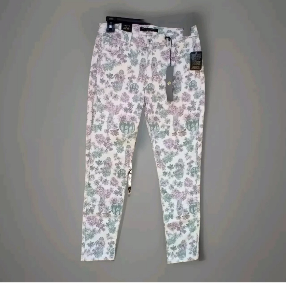 TRUTH THEORY PANTS WOMENS PETITE 2P WHITE CACTUS PRINT ANKLE SKINNY STRETCH NEW